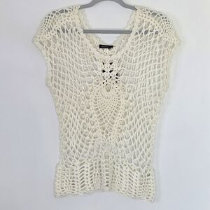 Dolce Cabo Open Crochet Sweater Cream Cap Sleeve | Size Small
